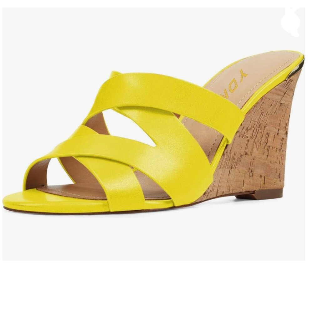 YDN Yellow Strappy Peep Toe Sandals Wedge High Heels Slip On Mules Cut Out Shoes